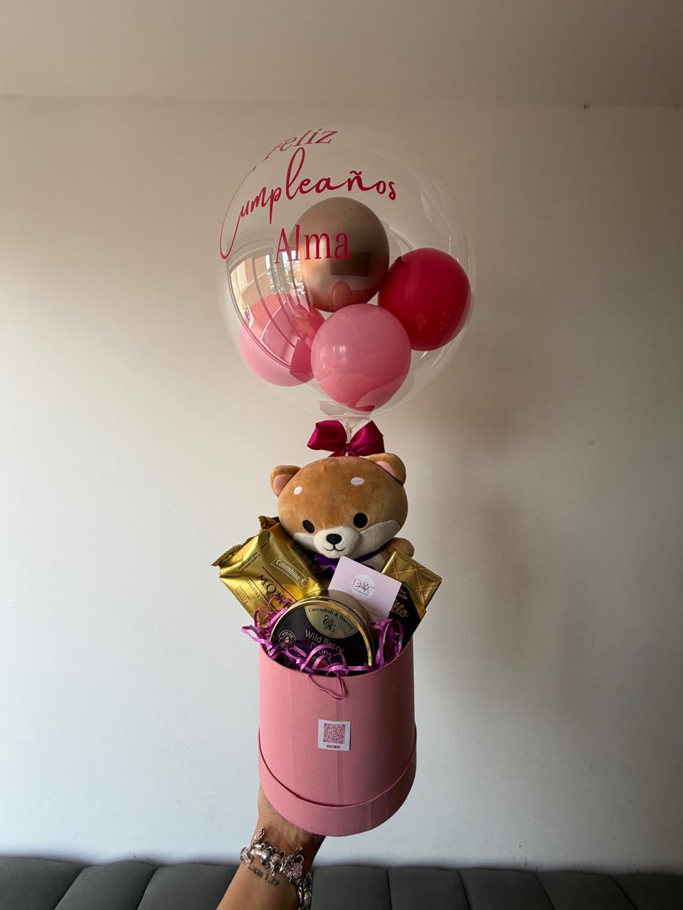 Globo burbuja de regalo con oso y caja personalizada