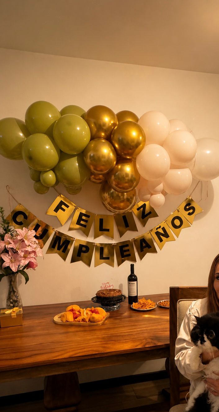 Guirnalda Feliz Cumpleaños verde oliva y dorado armada en casa